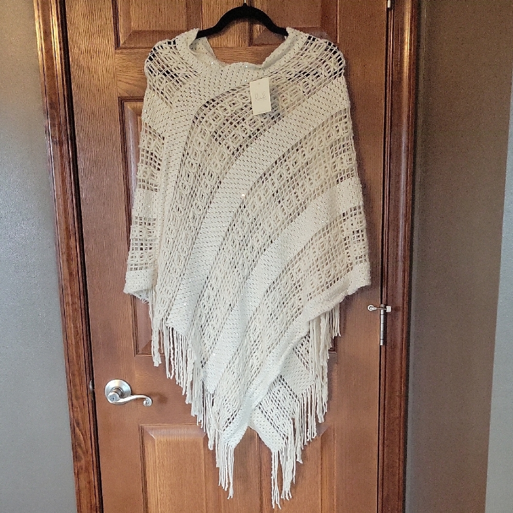 Cream Knit Fringe Poncho
